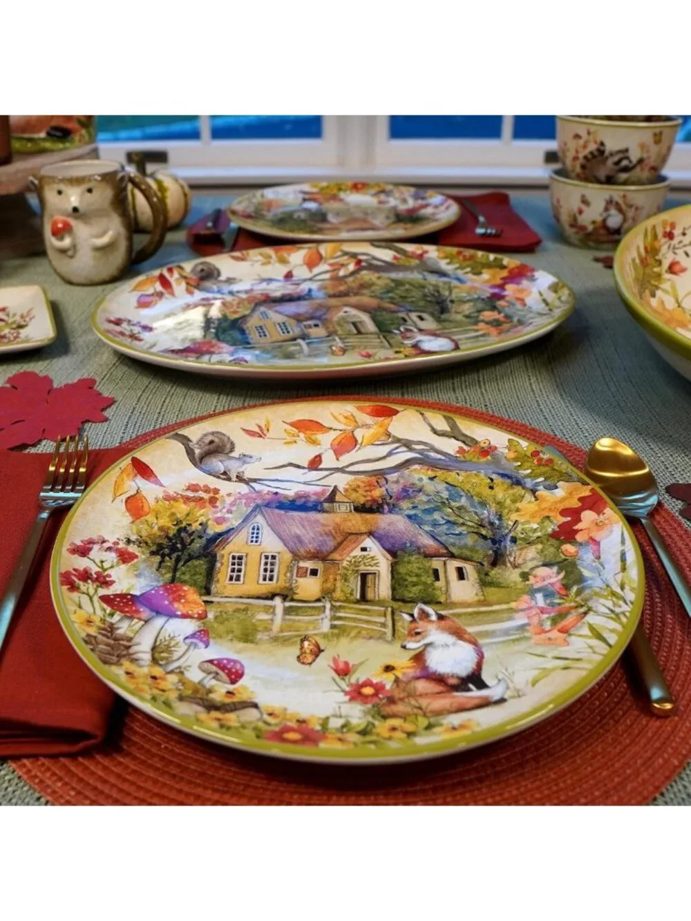 Whimsical Forest Animal Ceramic Dinner Plates Set of 4 – Nature-Inspired